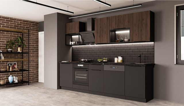Küchenzeile SIENA + MONZA BASIC LOFT 280 in Nussbaum und Schwarz Matt - Bild 1