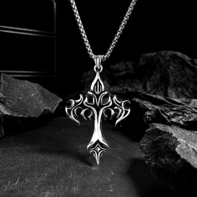 YIRAN Halskette mit Flamme Kreuz Anhänger, Edelstahl, Schwarz, Unisex - Bild 1