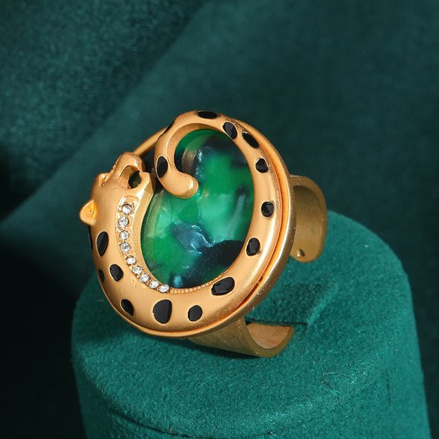 Icareu Schmuckring, Leoparden-Grün, Naturstein, Abalone-Muschel, Goldfarbe, Unisex - Bild 1