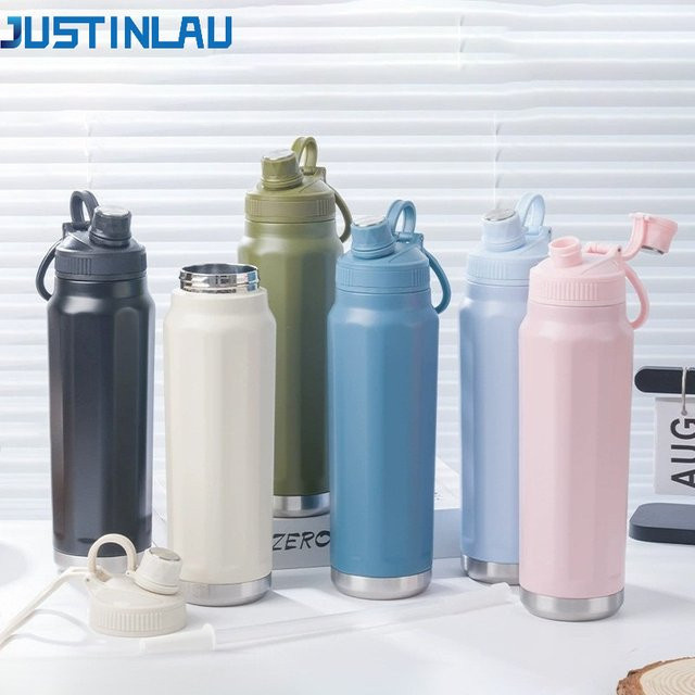 JUSTINLAU Thermosflasche aus Edelstahl mit Griff, isolierter Sportkrug für Heiß- und Kaltgetränke, Grün, 800 ml - Bild 1