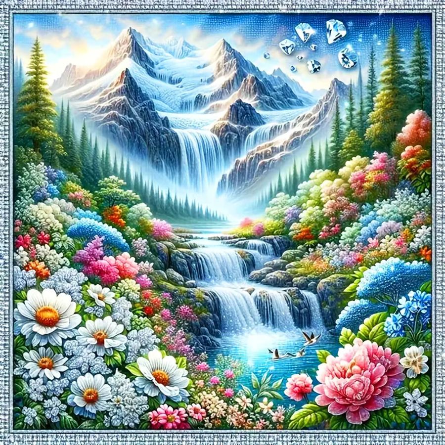 Potdemiel Diamond Painting Set Landschaft mit Wasserfall und Bergmosaik als DIY Kunstwerk mit voll runden Strasssteinen - Bild 3