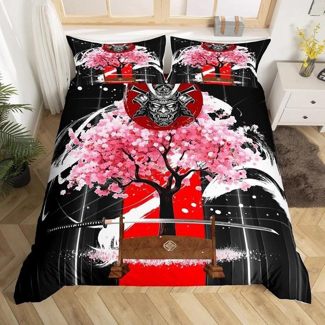 Japanisches Samurai Bettwäscheset mit Kirschblüten, Roter Sonne und Fuji Berg, Doppelgröße, Rot/Schwarz, B/H: 140 x 210 cm - Bild 1