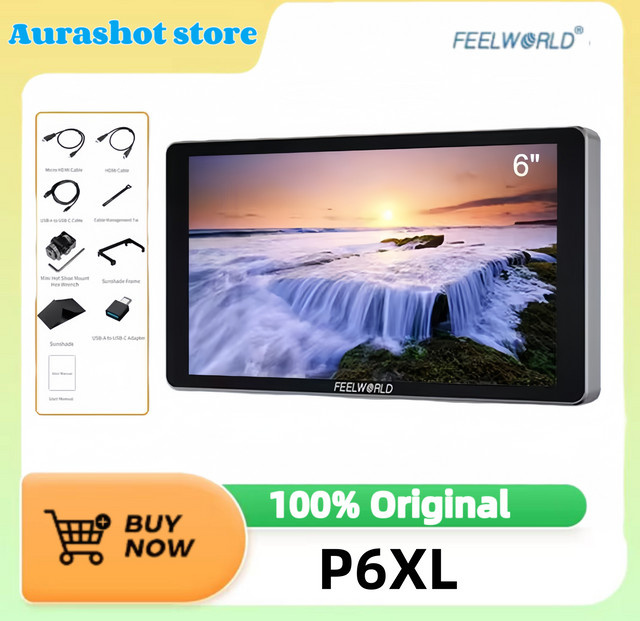 FEELWORLD P6XL 6-Zoll-Kamera-Feldmonitor mit 4K HDMI, 1200 Nits Helligkeit und eingebautem Akku in Schwarz und Silber - Bild 1