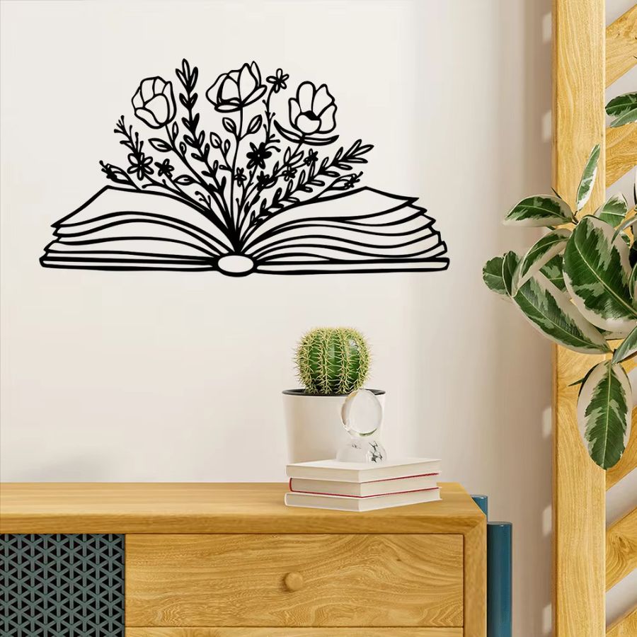 CIFBUY Metallwandkunst für Buchliebhaber mit floralem Design in Schwarz - Bild 3