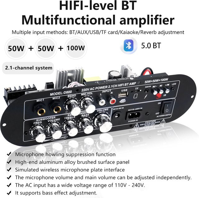 Aideepen Bluetooth 5.0 Digitalverstärkerplatine 2.1 Kanal in Schwarz mit 100W Ausgangsleistung und einstellbarem Bass und Höhen für dein Home Sound System - Bild 1