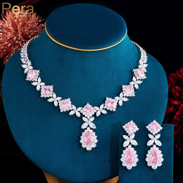 Pera Schmuck-Set, Halskette, Ohrringe, Rosa Zirkonia, Silber, Damen - Bild 1