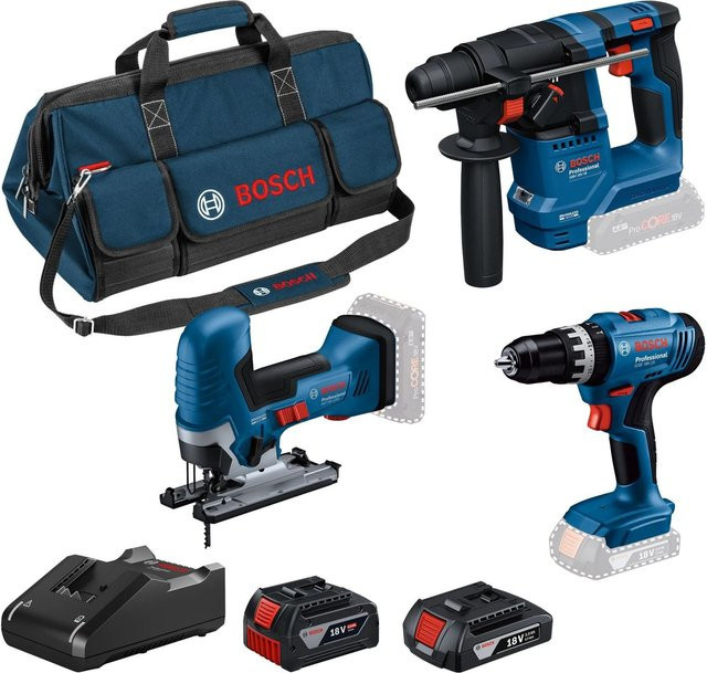 Bosch Professional Akku-Geräte Set 18V mit GSB Schlagbohrschrauber, GST Stichsäge, GBH Bohrhammer, 2 Akkus und Ladegerät in Blau - Bild 1