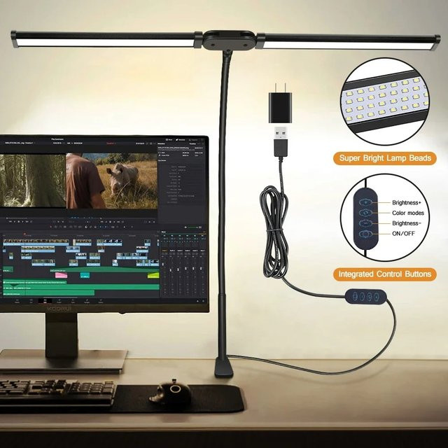LINYILIGHT LED-Schreibtischlampe in Schwarz mit 3 Farbmodi, dimmbar und USB-Anschluss für Home Office und zum Lesen - Bild 1