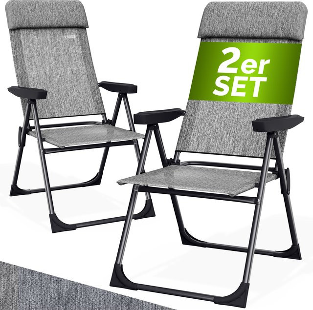 CASARIA Gartenstuhl 2er-Set klappbar Grau meliert mit Alu-Gestell und verstellbarem Hochlehner inklusive Kissen - Bild 1