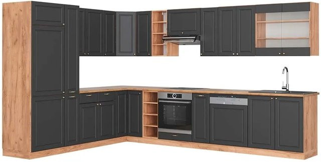 Vicco Fame-Line Küchenschränke Landhausstil in Anthrazit und Eiche mit Soft-Close-Türen, B: 347 cm, H: 257 cm - Bild 1