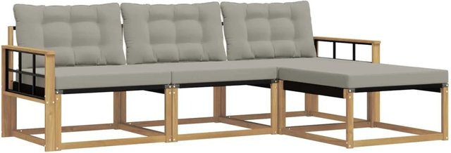 vidaXL Outdoor-Sofagarnitur L-Form aus Akazienholz mit Polstern und Ottoman in Weiß und Grau - Bild 1