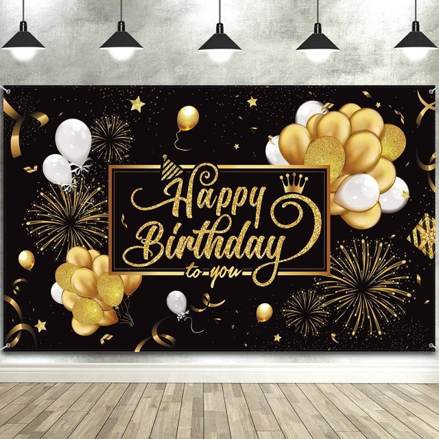 OURFETE Happy Birthday Hintergrundbanner aus Polyester in Schwarz-Gold mit Sternen und Buchstaben, Fotografie-Hintergrund für Geburtstagsfeiern, Breite: 185 cm, Höhe: 110 cm - Bild 1