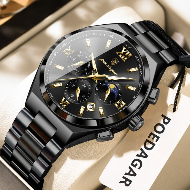 POEDAGAR Armbanduhr Quarz, Edelstahl, Schwarz, Silber, Herren - Bild 1