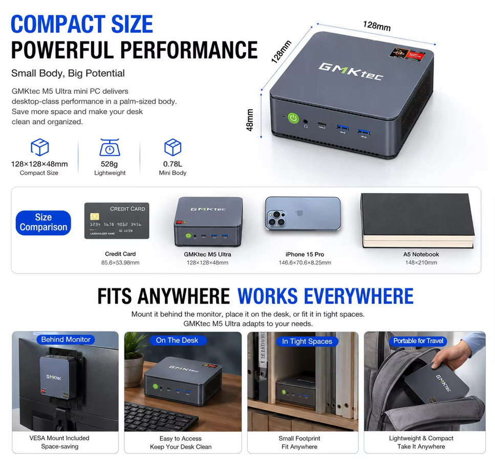 GMKtec M5 Ultra Mini-PC mit AMD Ryzen 7 7730U, 8C/16T, NVMe SSD, WiFi 6 und Windows 11 Pro in Schwarz - Bild 2