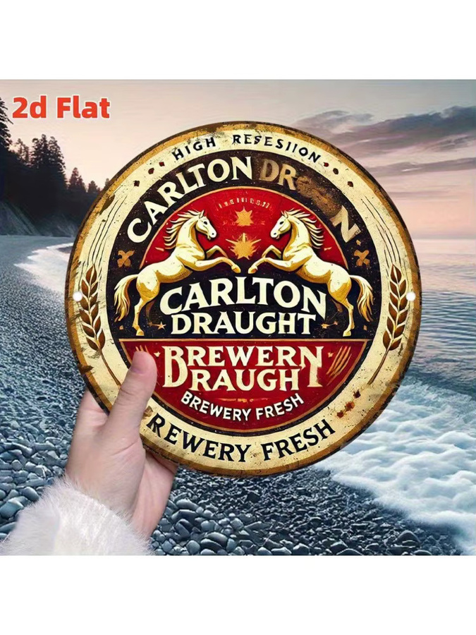 Vintage Carlton Draft Brewery Metallblechschild Potdemiel – Runde Aluminium-Wanddekoration mit goldenen Pferden in Rot, Gelb und Gold, Durchmesser: 20 cm - Bild 6
