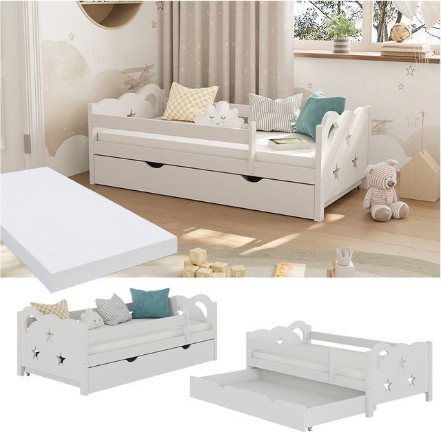 VitaliSpa Kinderbett Jessica Einzelbett Juniorbett Weiß mit Bettschublade und Rausfallschutz B/T: 140 x 70 cm - Bild 1