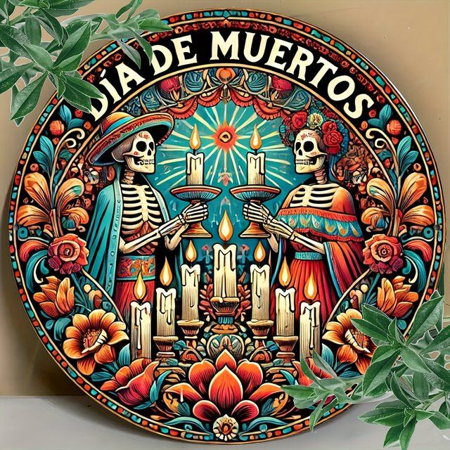 Vintage Dia de Muertos Wandkunst aus Aluminium mit Skelett-Paar und elfenbeinfarbenem Rahmen, Multicolor, B/H: 20,32 x 20,32 cm - Bild 1