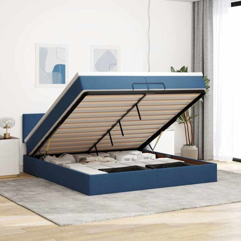 vidaxl Ottoman Polsterbett mit Matratzen und LED-Beleuchtung in Blau aus Stoff, B/T: 200 x 200 cm - Bild 1