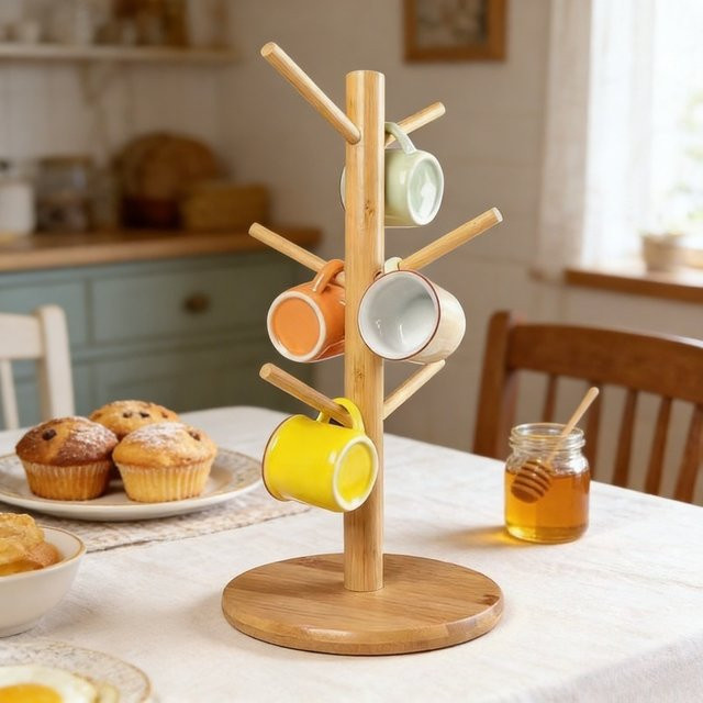 YOCITY Kaffeetassenhalter aus Bambus mit 6 Haken in Braun für Tisch und Dekoration - Bild 1
