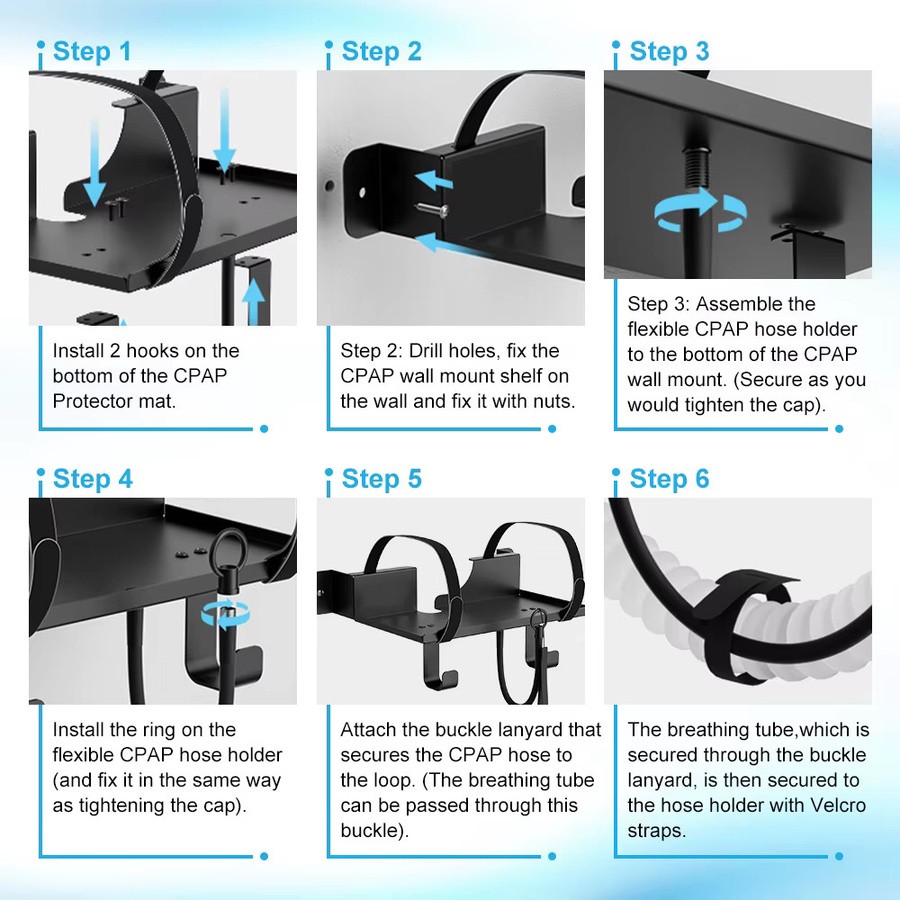 JBMBHC CPAP-Wandregal in Schwarz, kompatibel mit S10/S11, Nachttisch-Organizer aus Metall mit verstellbarem Winkel, Schlauchhalter und Maskenhaken - Bild 6