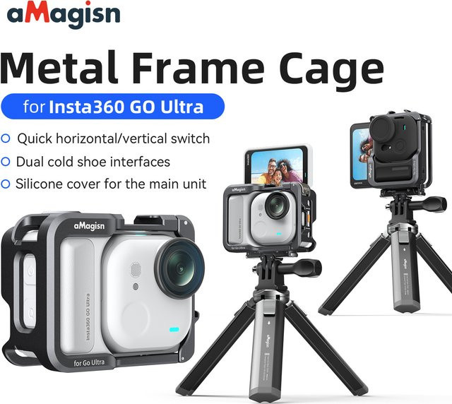 aMagisn Kamerakäfig aus Metall für Insta360 Go Ultra mit Schnellverschluss-Halterung, horizontalem und vertikalem Rahmen sowie 2 Kaltschuh-Schnittstellen in Schwarz - Bild 1