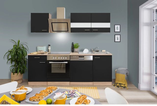 Respekta Economy Küchenzeile KB220ESSSC in Schwarz-Eiche Sägerau Glänzend mit Glastüren und Soft-Close-Funktion, Breite: 220 cm, Tiefe: 60 cm - Bild 1