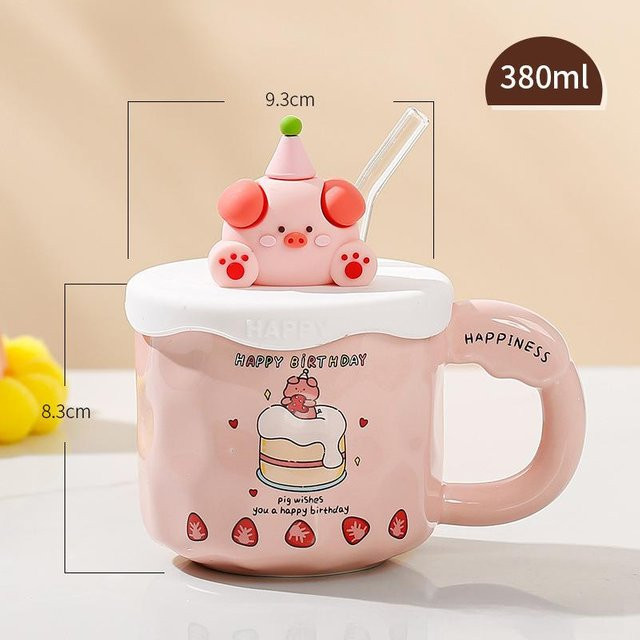 Keramiktasse mit Cartoon Tier Motiv von Yiran Furniture in Pink, 380 ml - Bild 1
