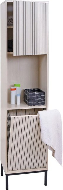 MCW Hochschrank MCW-O42 Badschrank mit Wäschekorb und offenen Regalfächern in Beige Holzoptik, H x B x T: 174 x 39 x 30 cm - Bild 1