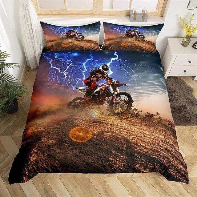 Motocross Bettwäsche-Set aus Mikrofaser mit 3D-Rennsport-Design für Jugendliche, Mehrfarbig, B/H: 228 x 228 cm - Bild 1