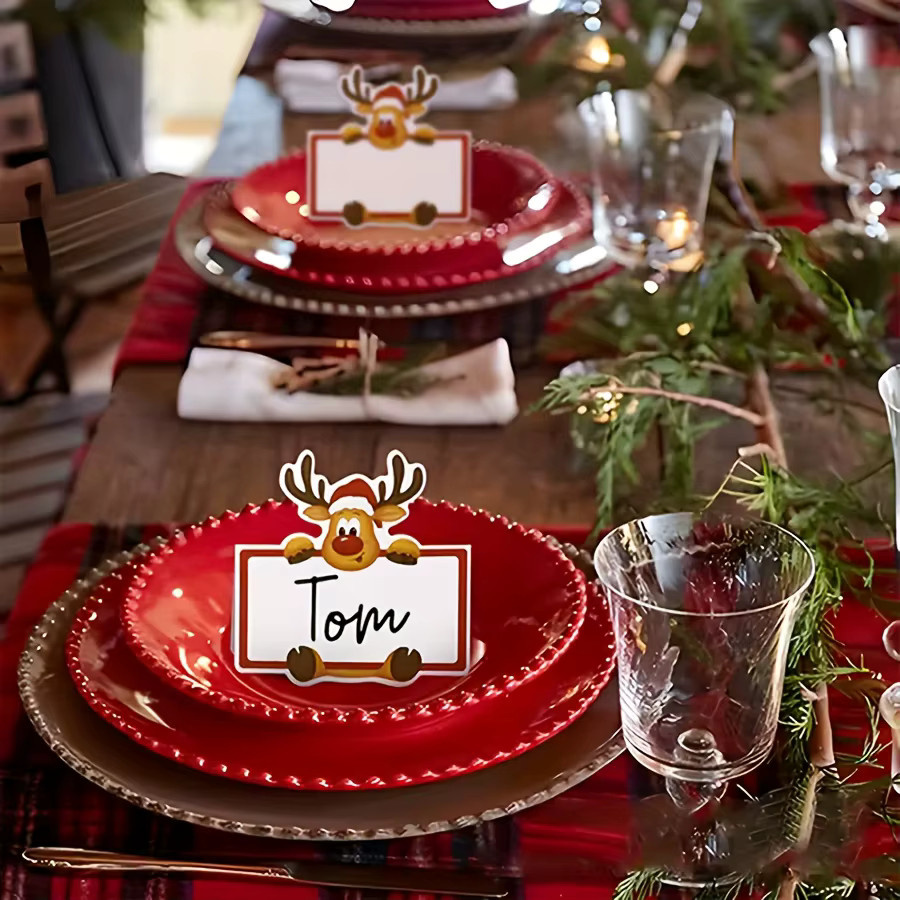 50 Stück Weihnachts-Tischkarten mit Rudolph-Rentier Motiv in Rot und Weiß aus Papier - Bild 3