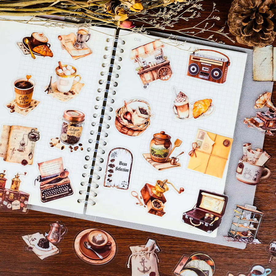 Retro Kaffee Aufkleber Set aus transparentem PET für Tagebuch, Telefon und Skateboard, Mehrfarbig - Bild 2