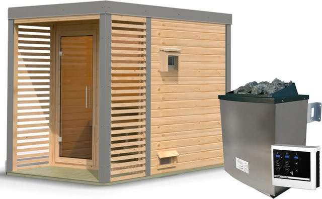 Karibu Saunahaus Seros Blockbau aus Fichte und Espe mit 9 kW Ofen, Naturbelassen/Graualuminium - Bild 1