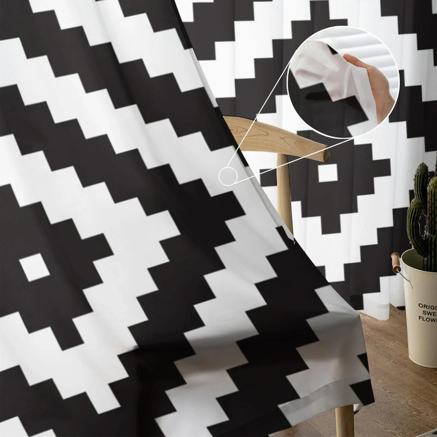 Yiran Furniture Transparentes Voile-Fensterorganza in Schwarz-Weiß mit unregelmäßiger Geometrie, Breite: 135 cm, Höhe: 115 cm - Bild 1