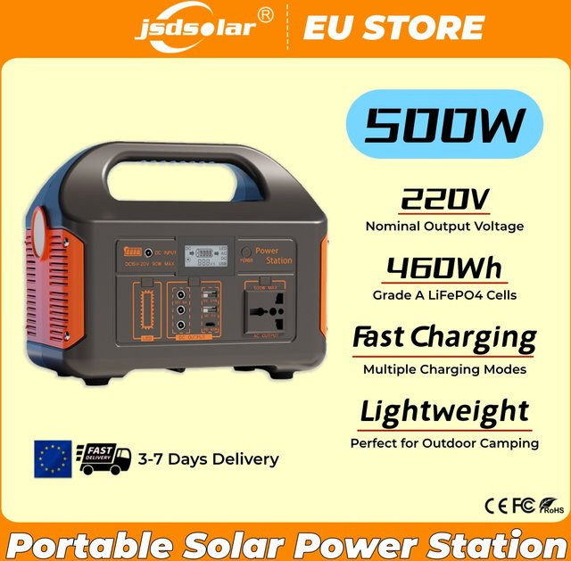 GaiaRay Tragbare Solar-Powerstation 500W mit 460Wh Kapazität, LiFePO4 Akku, 220V EU Anschluss, BMS Energiespeichersystem und USV-Funktion - Bild 1