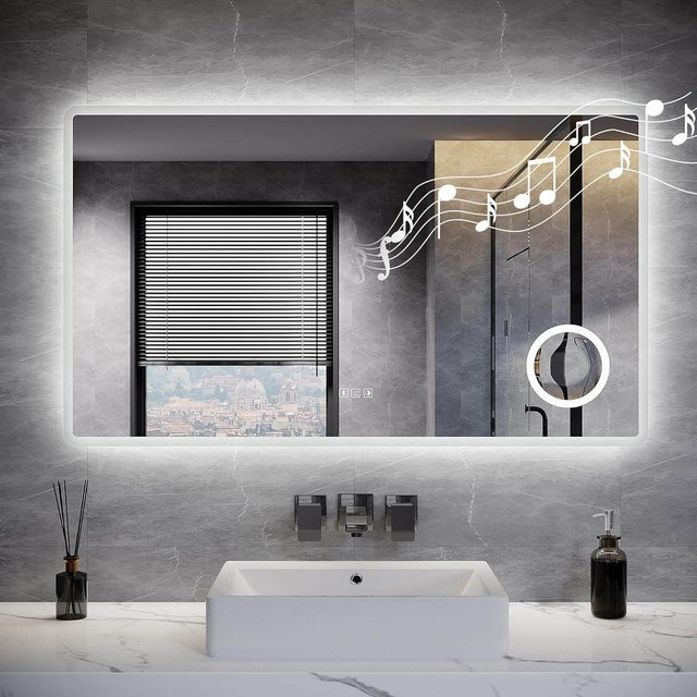 SONNI LED Badspiegel mit Bluetooth, Steckdose und Anti-Beschlag-Funktion, dimmbar mit 3 Farbmodi, Wandspiegel für Badezimmer und Schlafzimmer, IP44 geschützt - Bild 1