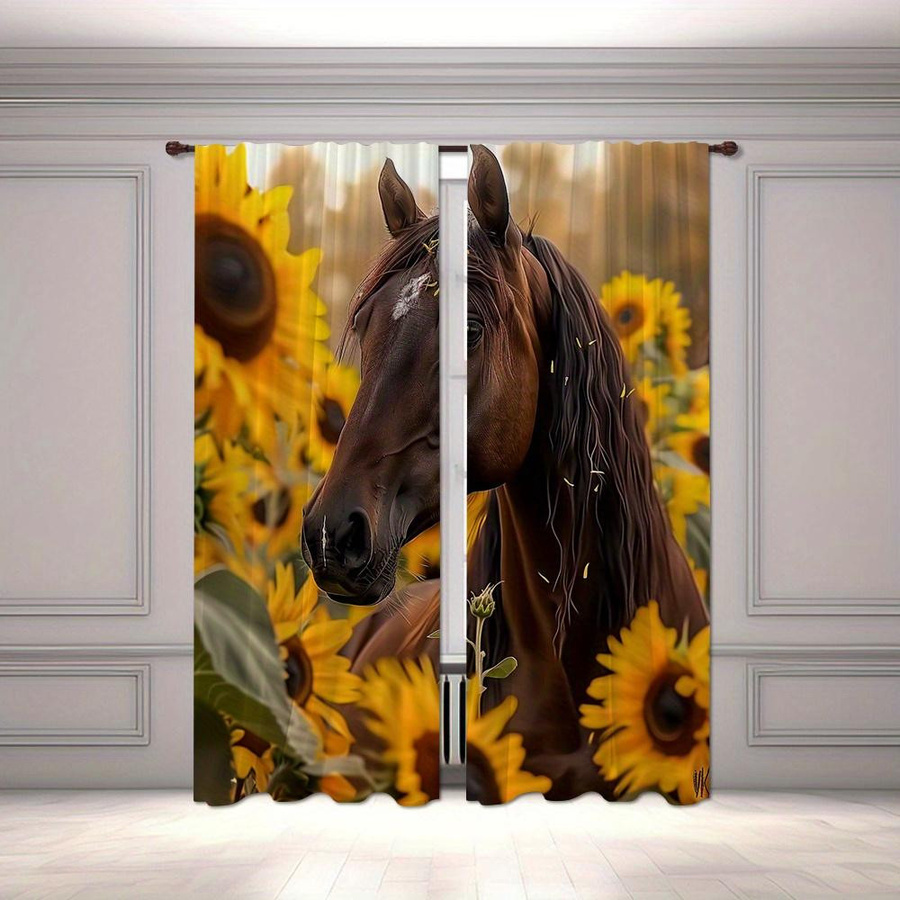 Yiran Furniture Vorhänge mit Pferd und Blumenmuster im Digitaldruck, 2er-Set, halbtransparent, Polyester, Mehrfarbig, B: 50 cm, H: 130 cm - Bild 1