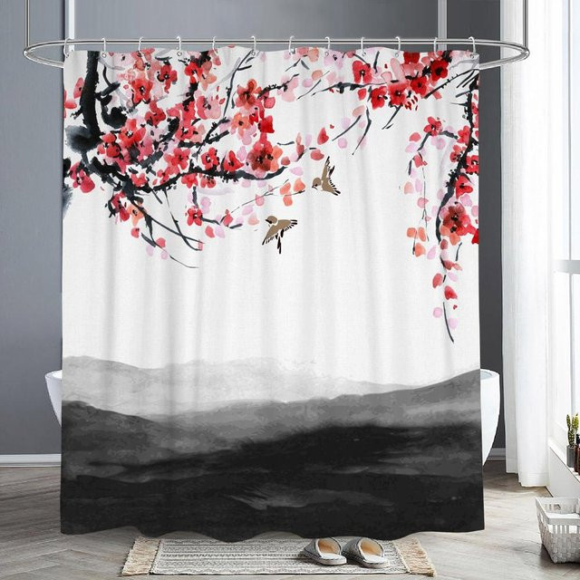 Duschvorhang mit roter Pflaumenblüte und Naturlandschaft im orientalischen Tusche-Stil, B/H: 90 x 180 cm - Bild 1