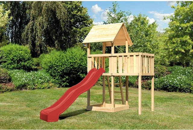 Karibu Spielturm Lotti mit Satteldach, Anbauplattform und Rutsche in Rot - Bild 1
