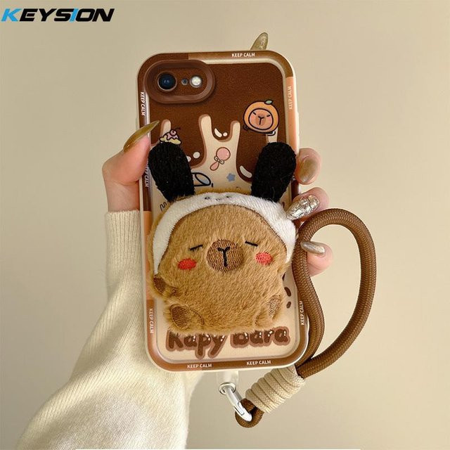 KEYSION 3D-Cartoon-Plüsch-Hülle mit Lanyard für iPhone SE 2020 2022, iPhone 8, 7, 6s Plus, stoßfeste Silikon-Telefonabdeckung, braun - Bild 1