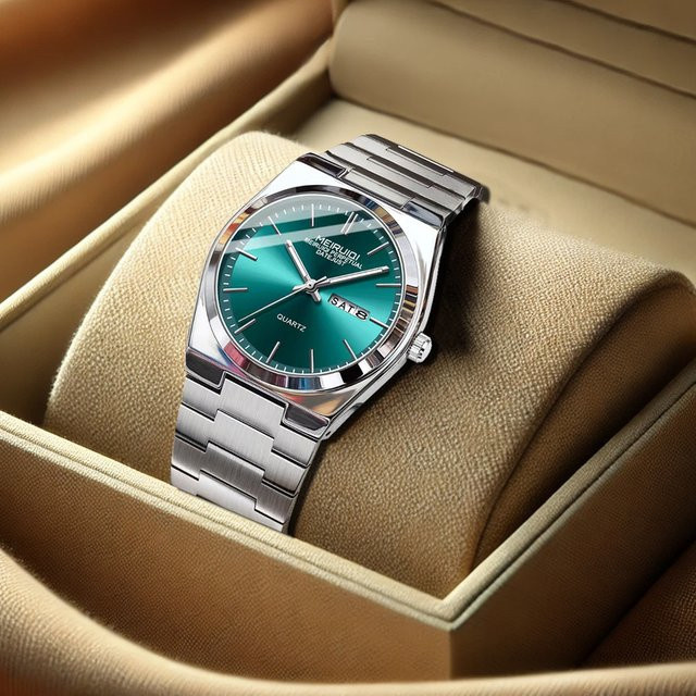 MEIRUIQI Armbanduhr Quarz, Edelstahl, Silber, Grün, Herren - Bild 1