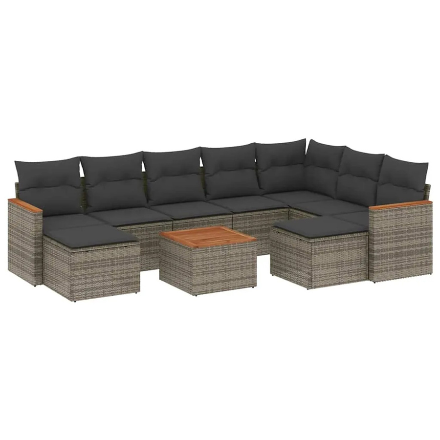 vidaXL 10-teilige Garten-Sofagarnitur aus Poly-Rattan und Akazienholz in Grau mit Kissen - Bild 2