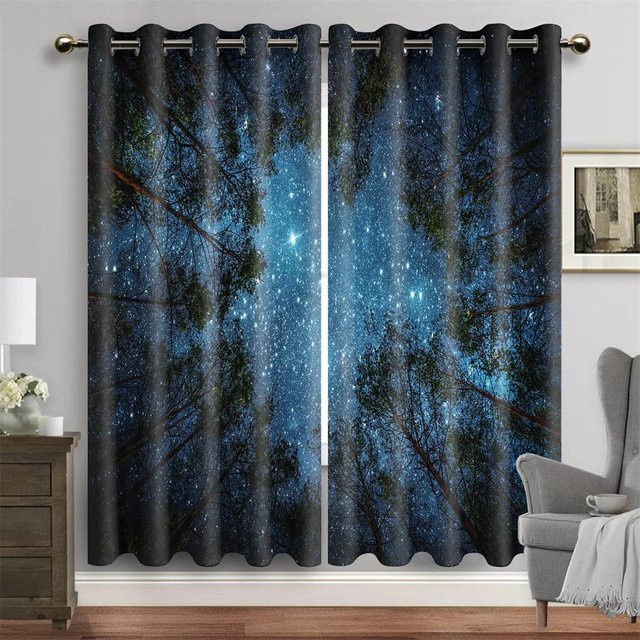 Yiran Furniture Vorhang Set mit Weltraum- und Sternenhimmel-Motiv, 2-teilig, Blau, semi-transparent, B: 100 cm, H: 130 cm - Bild 1