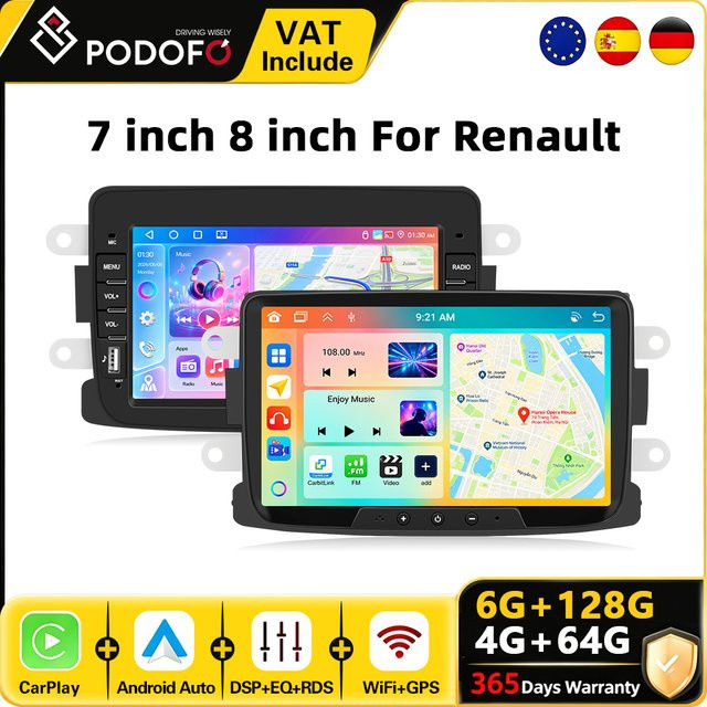 Podofo Android Autoradio 8 Zoll für Dacia Duster Sandero 2010-2015 Logan Dokker 2012 mit 6G+128G, CarPlay, Android Auto, Bluetooth, GPS und WiFi in Schwarz - Bild 1