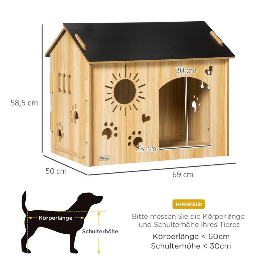 PawHut Hundehütte aus Holz im Landhaus-Design, wetterfestes Kleintierhaus mit erhöhtem Boden, Farbe: Schwarz/Eiche, B/H/L: 50 x 58,5 x 69 cm - Bild 4