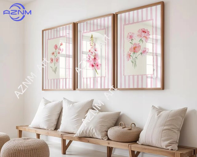 Potdemiel Kunst-Leinwandposter mit Blumen- und Streifen-Design in Rosa für moderne Wanddekoration - Bild 1