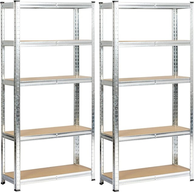 Set aus 2 AKORD Metallregalen aus verzinktem Stahl in Silber und Holzoptik Braun mit 5 verstellbaren Regalböden, Tragfähigkeit 875 kg, B/T/H: 70 x 30 x 154 cm - Bild 1