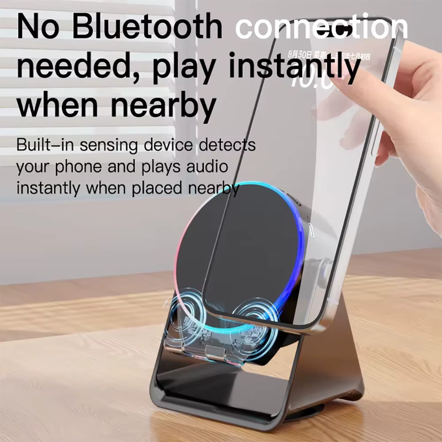 KEBIDU 4-in-1 Kabelloser Bluetooth Induktionslautsprecher mit RGB-Beleuchtung und drehbarem Telefonständer in Schwarz - Bild 3