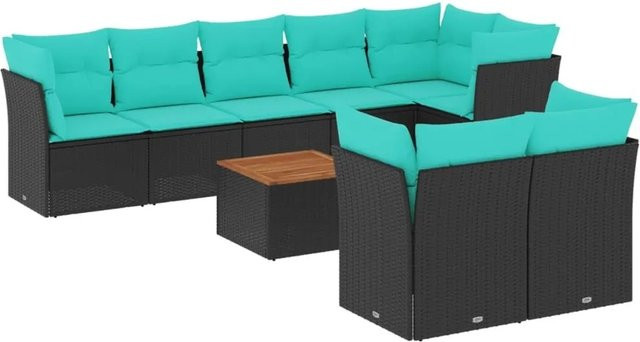 vidaXL 9-teilige Garten-Sofagarnitur aus Poly-Rattan und Akazienholz in Schwarz mit Kissen - Bild 1