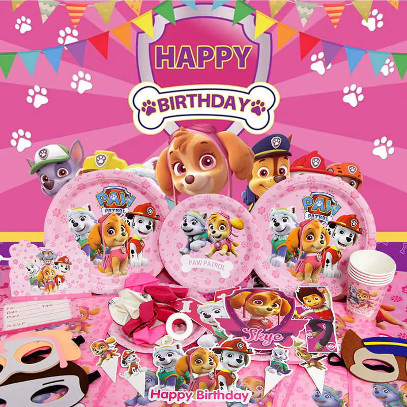 TAKARA TOMY Skye PAW Patrol Geburtstagsparty-Dekoration, Rosa Mädchen-Thema, Hintergrund-Banner, Tasse, Teller - Bild 2
