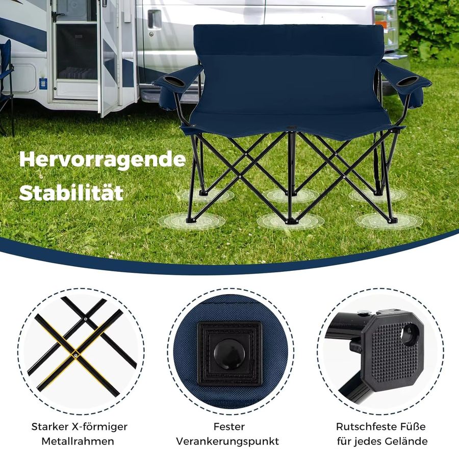 GOFLAME Campingstuhl für 2 Personen, klappbares Campingsofa mit Getränkehaltern und Armlehnen, Blau - Bild 5